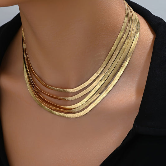 Stylish and sophisticated, this multi-layered flat snake chain necklace is perfect for women. It is made from iron material with luxurious plating, making it a versatile choker that can be worn daily and in all seasons.