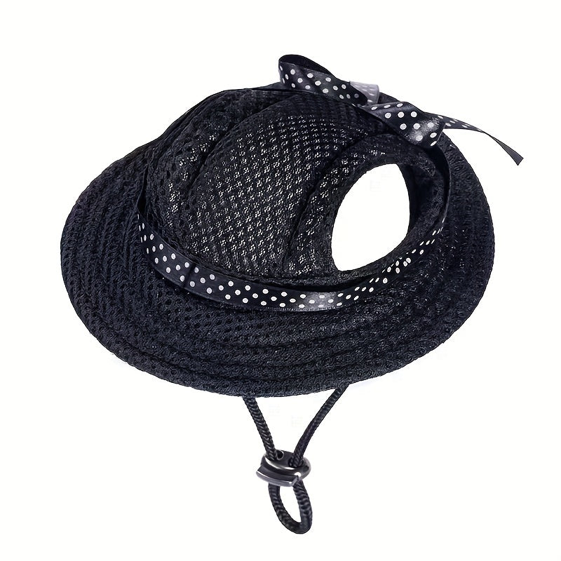 Breathable mesh sun cap for dogs, ideal for outdoor adventures and grooming. Features adjustable snap closure and ear holes.