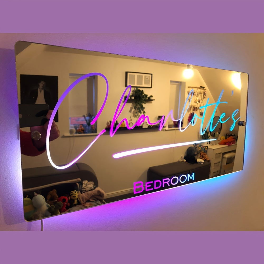 Custom name LED mirror light for bedroom, USB powered, wall-mounted with remote control - ideal for gifts and decorative purposes.