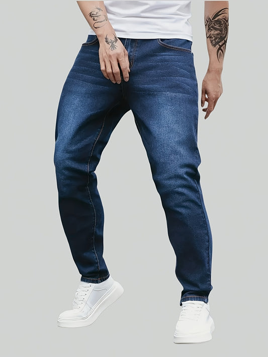 Men's denim jeans in plus size with a straight leg cut, made of 65% cotton, 33.7% polyester, and 1.3% spandex. Features medium stretch, all-season comfort, solid washed style, and 370gsm