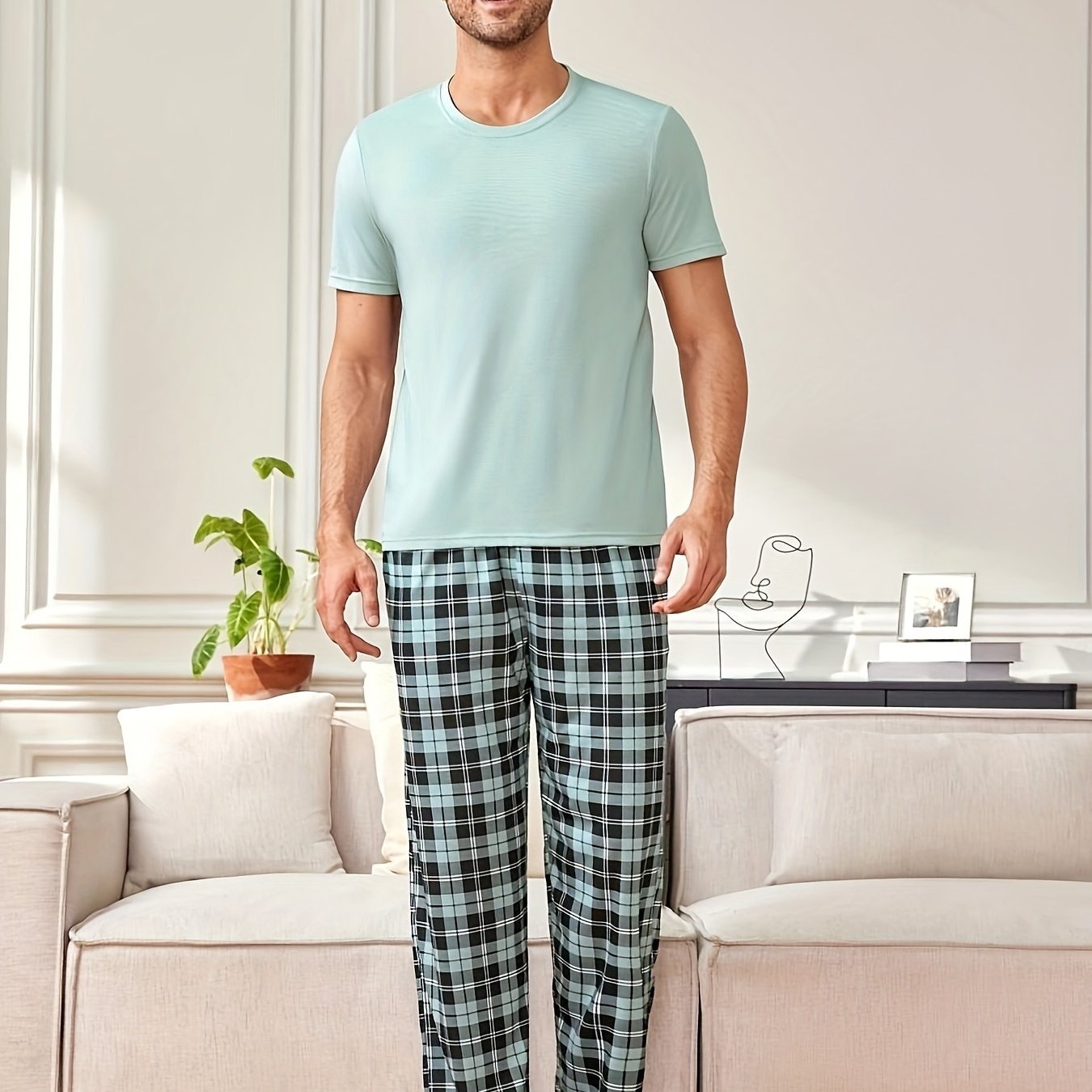 Men's Casual Plaid Pajama Set - Polyester Crew Neck Top and Long Pants, Comfortable Loungewear with Slight Stretch Knit Fabric