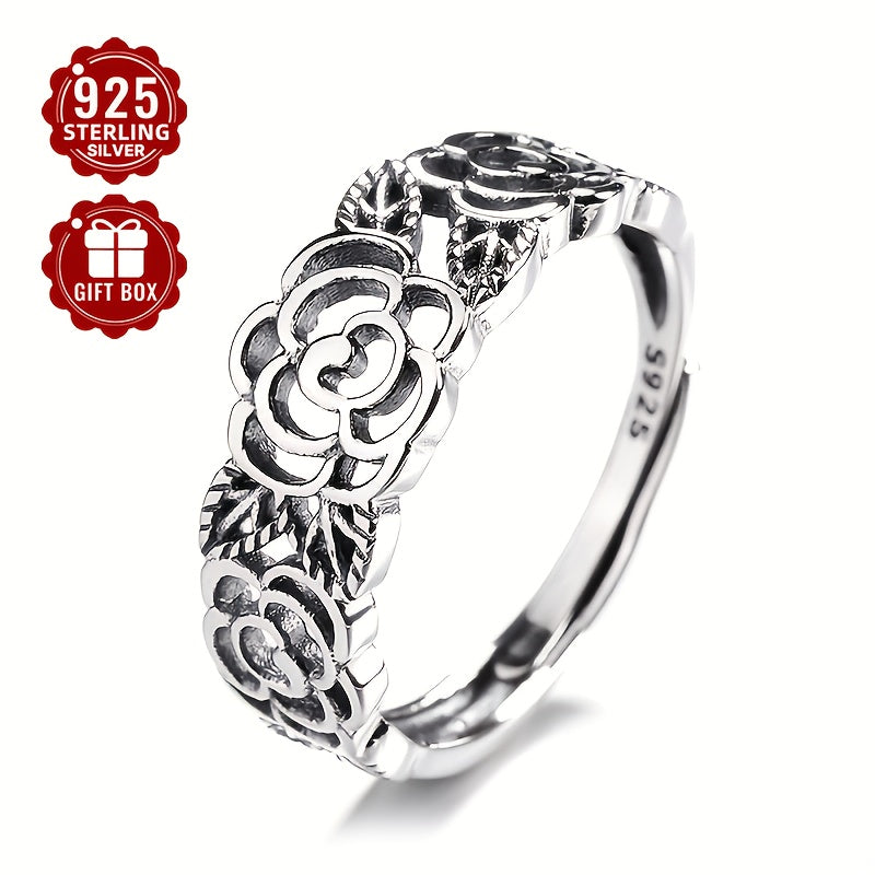 Retro sterling silver ring featuring a hollow rose flower design with an ethnic flair, perfect for literary-inspired ladies looking to add a unique touch to their daily or party outfits. Lightweight at about 2.5g.