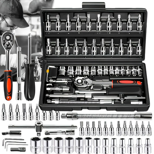 46-pc Chrome Vanadium Steel Socket Wrench Set with 1/4" Ratchet & Metric Tools, Durable, No assembly needed, Ideal for Auto Repair & Home Use, Comes with Storage Case