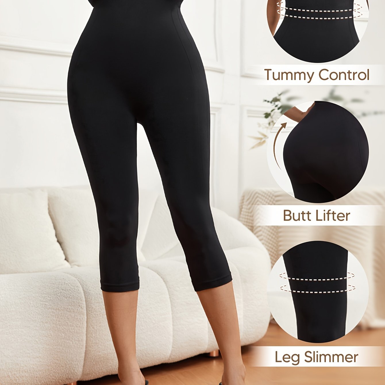 High-waist capri pants with chest support. Comfy, stretchy nylon blend body shaper for women. Machine washable.