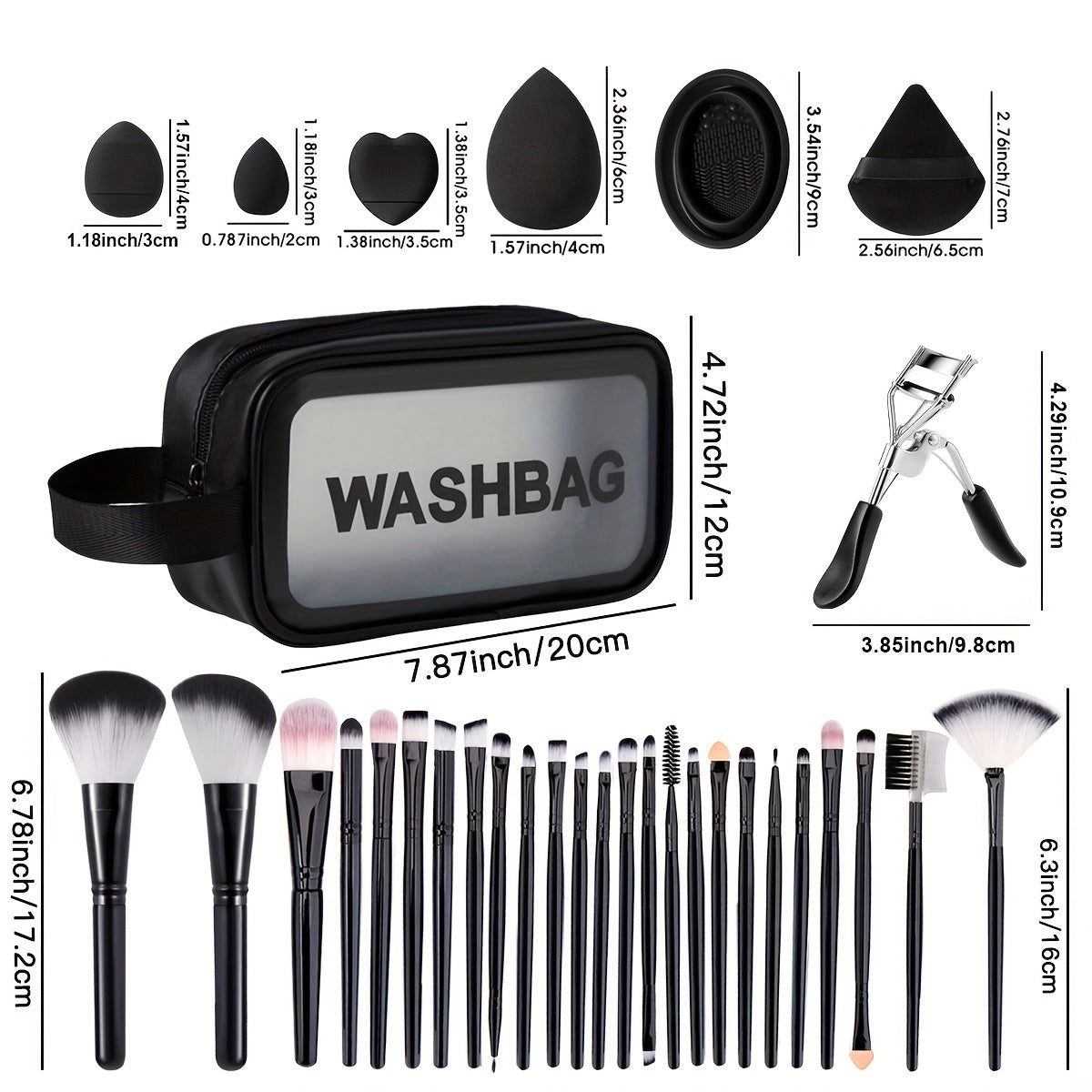 Makeup brush set with nylon bristles, ABS plastic handles, unisex washbag, eyelash curler, sponges, silicone cleaning bowl, palm brush - full kit for foundation, blush & powder application