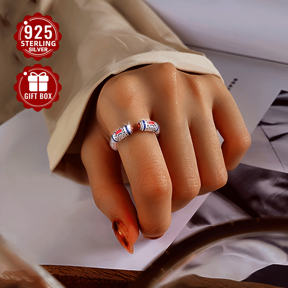 Open ring crafted from 925 sterling silver, featuring a retro, neutral, and national design with a drop glue red agate heart sutra carving. The matte finish adds a touch of elegance, making it suitable for party gatherings. Perfect for both men and