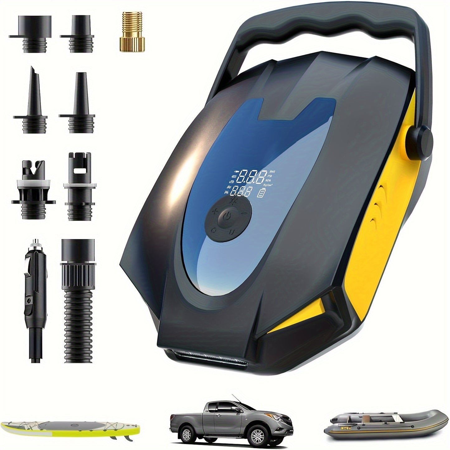 FreeLionVon Portable Electric Air Pump with Built-in 7500mA Battery, ideal for various inflatables, dual pressure settings, USB charging, in black and yellow.