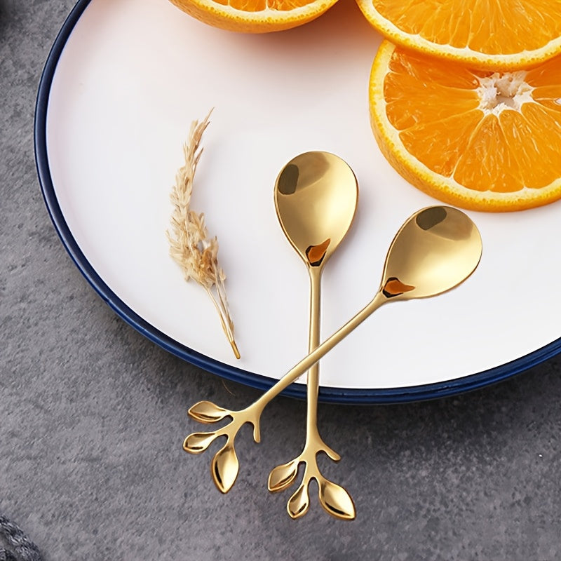 Set of 10 stainless steel coffee spoons with creative leaf-shaped handles, perfect for stirring coffee or desserts. Also includes honey and fruit spoons. Each spoon measures 12.4cm and is available in both silvery and golden colors. Choose from a set of