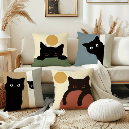 Set of 4 cat cartoon throw pillow covers, linen blend with zipper closure, machine washable, for various room types, 45.72x45.72 cm.