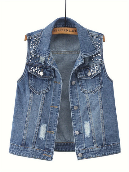 YANLINHUOLI Plus-Size Pearl-Beaded Denim Vest - Casual Light Blue Ripped Jean Jacket with Sleeveless Design, Button Closure, and Lapel Collar. Crafted for Spring/Fall Fashion.