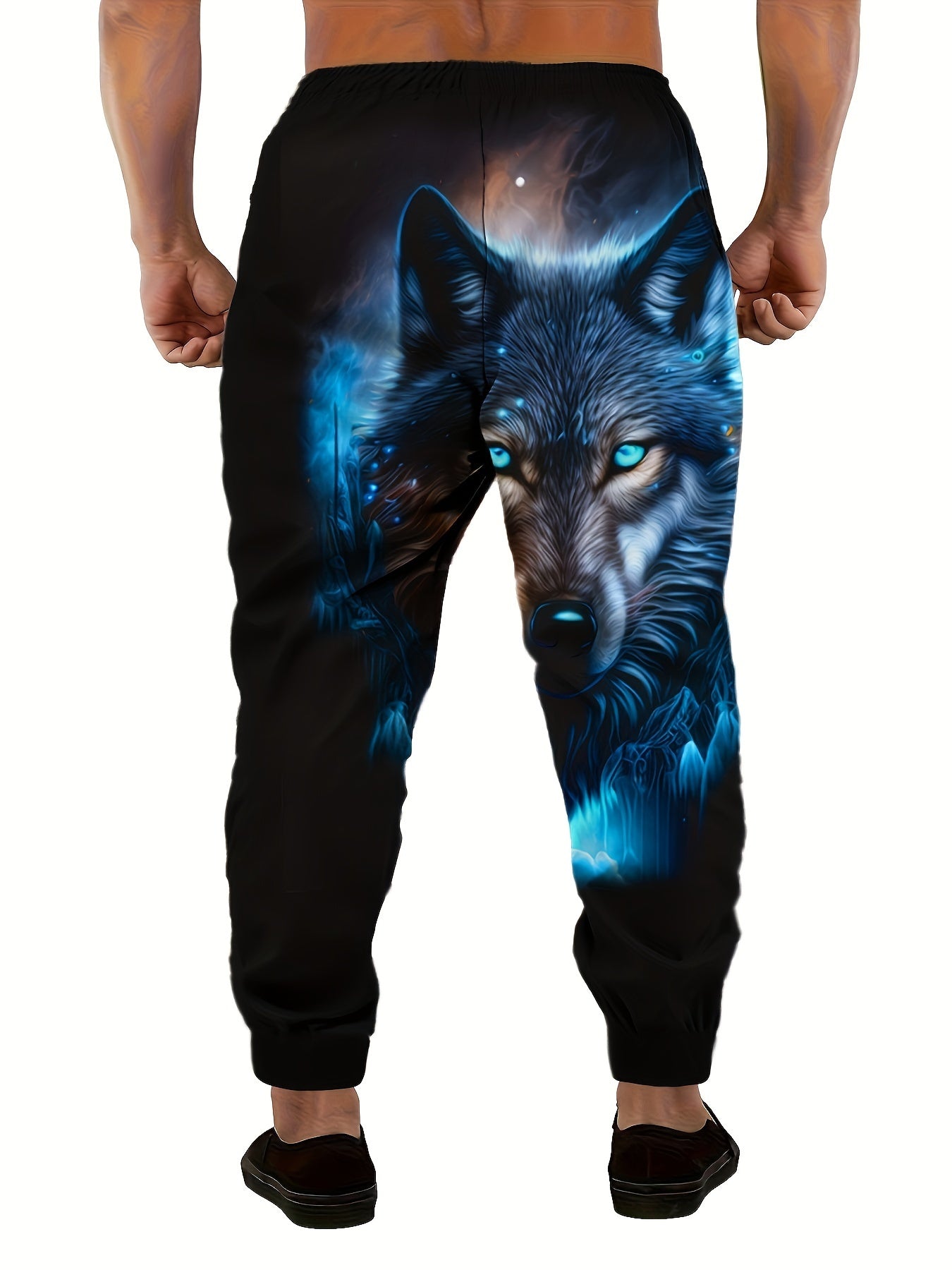 Men's Plus Size Wolf Print Athletic Pants with Drawstring Waist, Pockets, Polyester Blend, Machine Washable