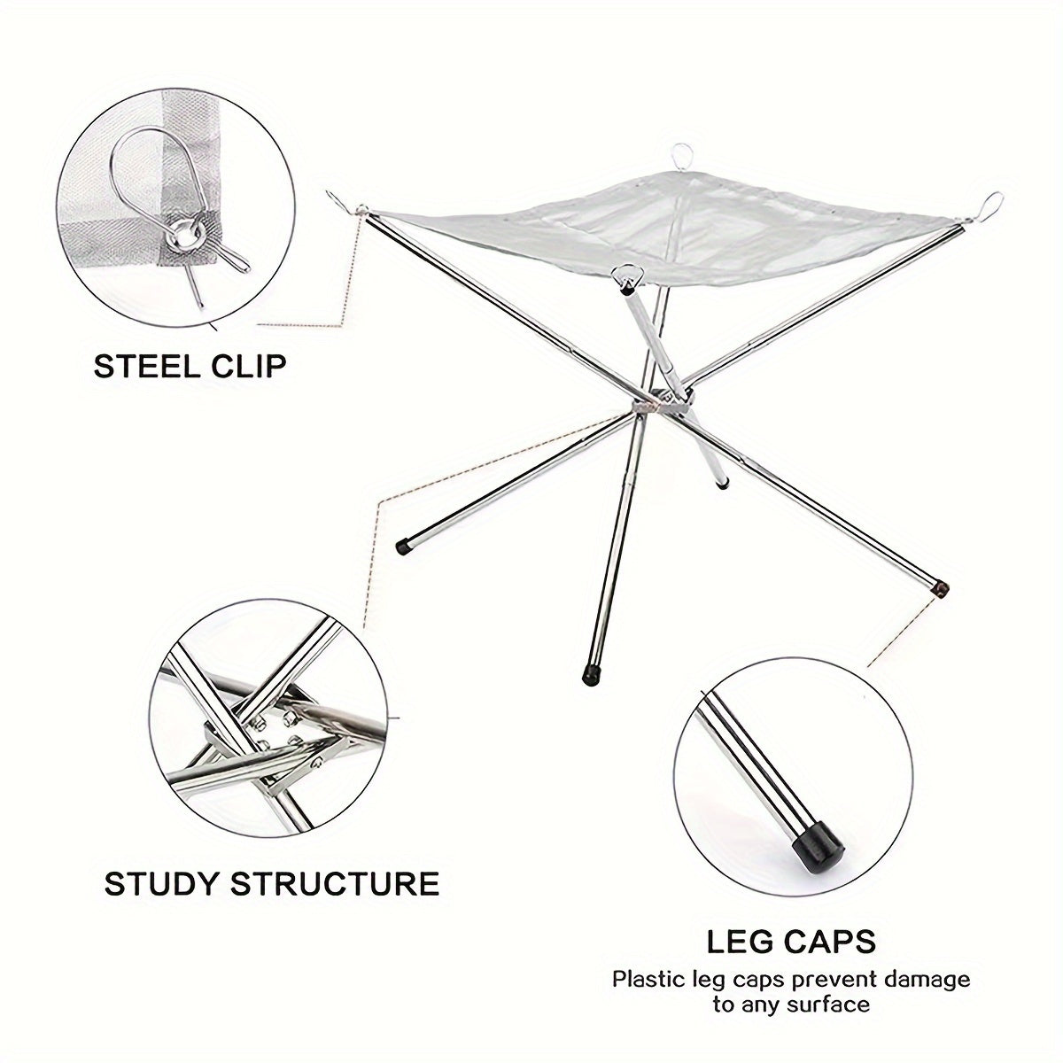 Portable Campfire Pit Grill made of stainless steel with a collapsible fire stand for camping, picnic BBQ. Includes a log carrier holder and carrying case.