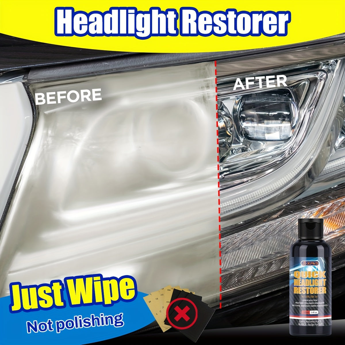 Restore car headlights with a milk-based brightening agent that eliminates yellowing, aging, and the need for polishing.