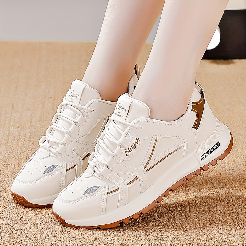 Women's Casual Athletic Sneakers in White with Black Accents - Lightweight, All-Season, Low-Top Lace-Up Shoes with Faux Leather & Mesh Interior, Comfortable PU Sole, Hand Washable