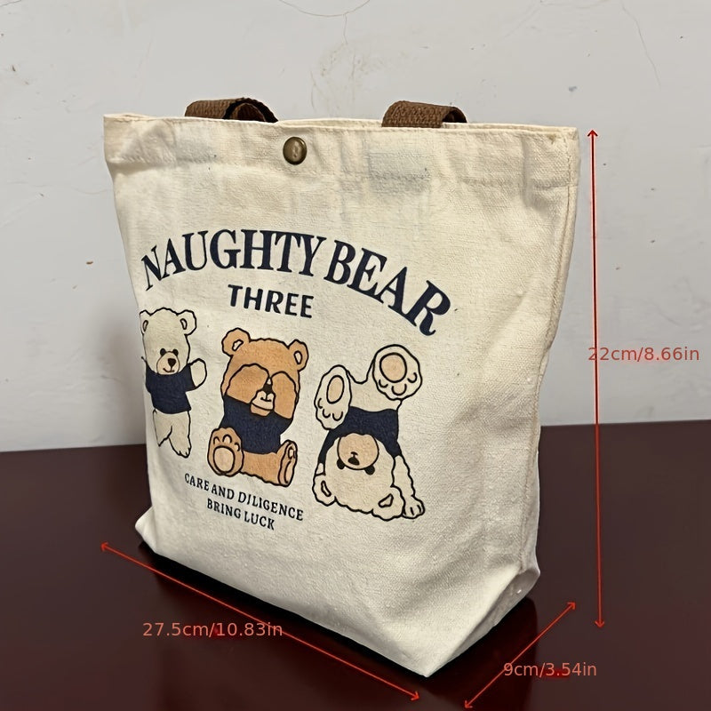 Durable Square Canvas Lunch Bag with Animal Theme Featuring Three Naughty Bear Designs - Hand Washable Tote Perfect for Students and Office Workers.