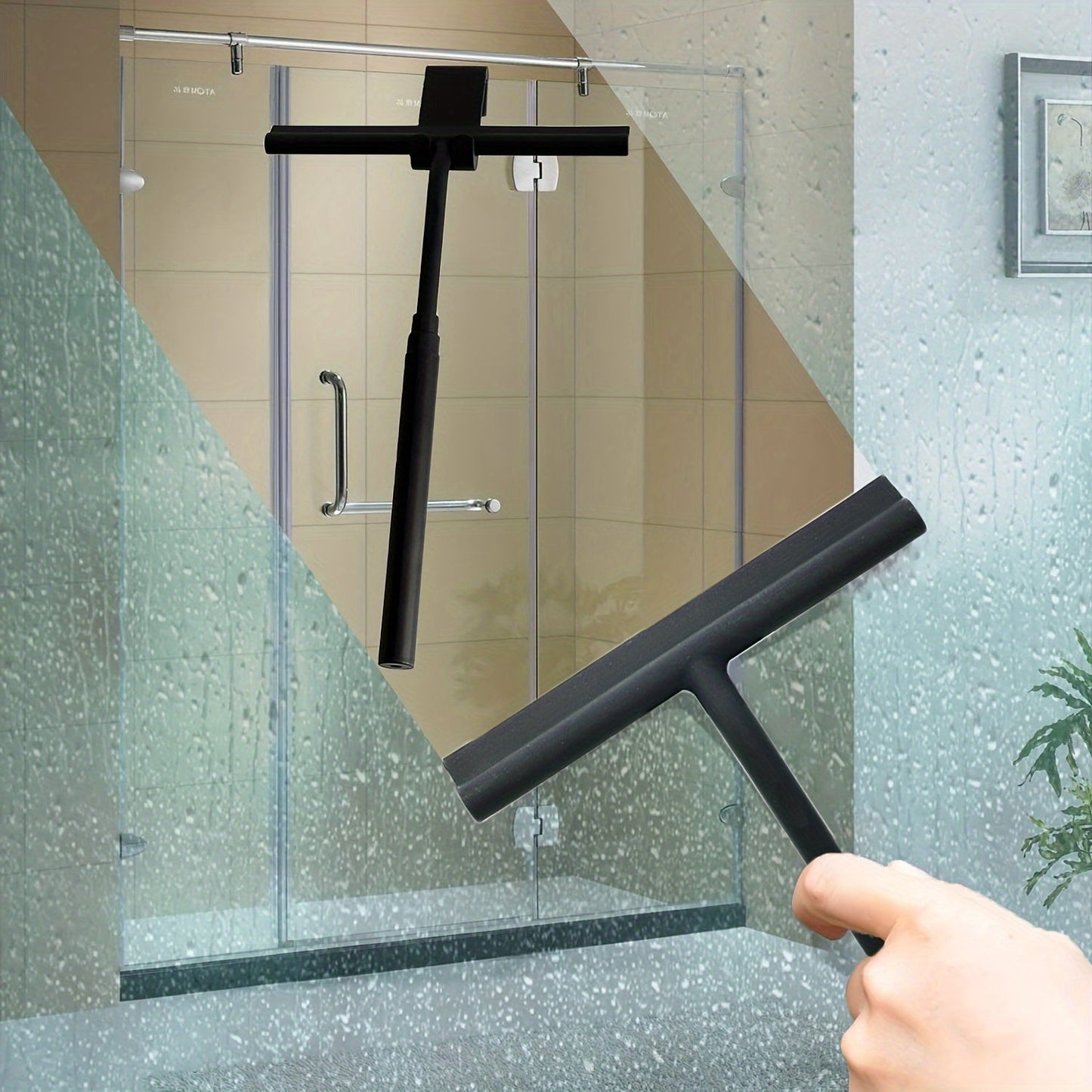 One-piece window squeegee with extension pole, perfect for cleaning glass doors, tile walls, cars, and mirrors. Features a telescoping design for easy reach and a long handle for shower cleaning. This versatile tool is great for window cleaning and