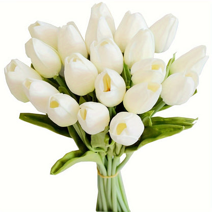 5 lifelike white tulip artificial flowers with real touch feel, perfect for spring decor, weddings, and home office centerpieces. No batteries needed.