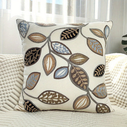 Leaf embroidered canvas throw pillow cover with zipper, machine washable, for modern living room and bedroom decor.