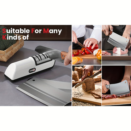 The Multifunctional Kitchen Gadget is a USB Rechargeable Electric Knife Sharpener that features 2 speeds and a built-in lithium battery. This gadget includes an automatic sharpening stone for quick blade edge restoration. Made of durable plastic