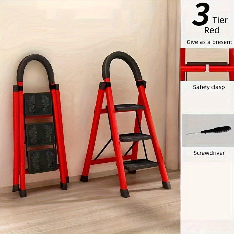 Folding step stool with 2-6 tiers, non-slip pedals, lightweight and waterproof. Ideal for kitchens, homes, libraries and offices. Made of durable steel in red with utility hooks.