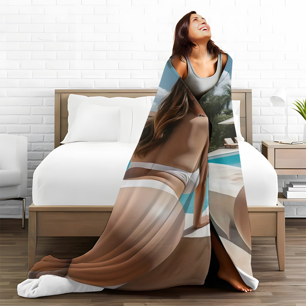 This versatile throw blanket features a contemporary stain-resistant polyester flannel design. Perfect for all seasons, the soft knit fabric showcases a digital print of a sexy female model, making it a stylish addition to any living room, bedroom