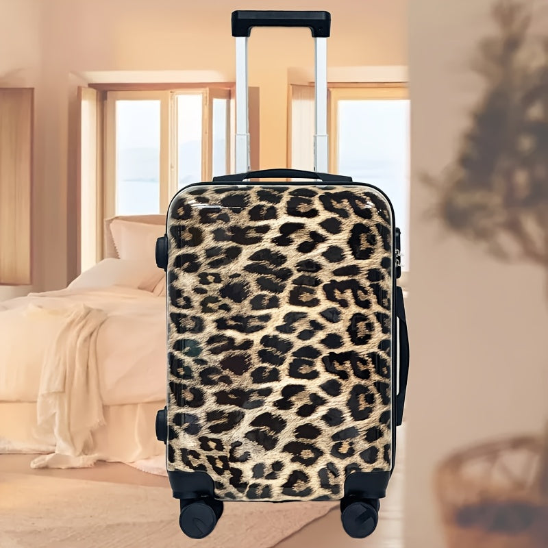 2-piece chic leopard print luggage set: 50.8cm hard-shell carry-on & 35.56cm cosmetic case. Made of durable ABS+PC material with TSA-approved combination lock and spinner wheels. Stylish