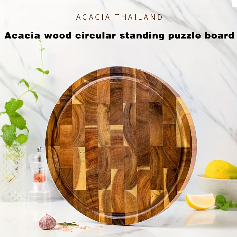 Round Acacia Wooden Serving Board - Durable Solid Wooden Cutting Board for Chopping Meat, Vegetable, Steak, and Fruit - Kitchen Household Essential - Food Supplement Serving Board and Fruit Cutting Pad - Kitchen Supplies