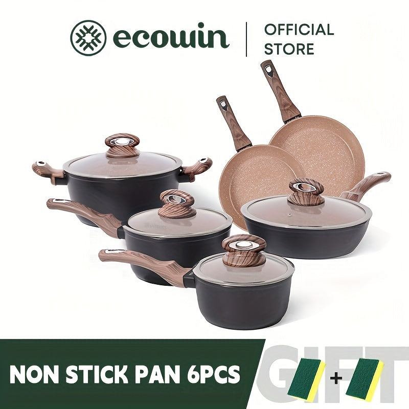 Ecowin Non-Stick Cookware Set with Lids - Includes 6 Pieces of Scratch-Resistant Aluminum Pots & Pans for All Stovetops. Set includes Milk Pot, Soup Pan, Wok, and More! Easy to Clean, Even Heat Distribution, and Versatile Cooking Options Available.