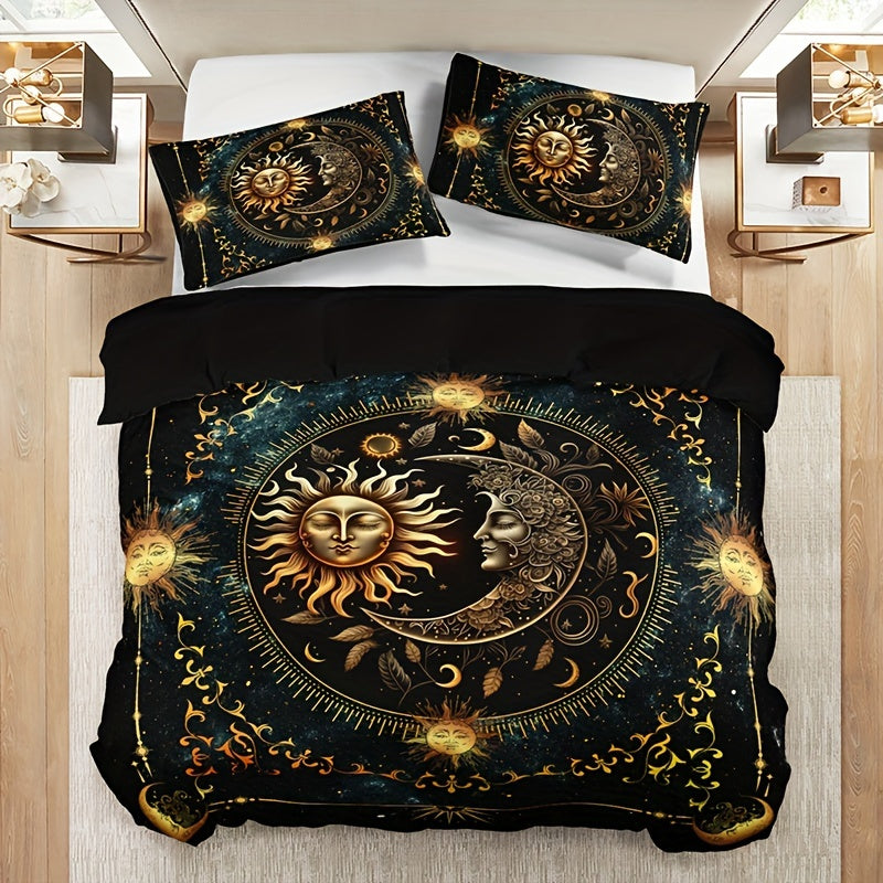 Golden Astrological Design 3 Piece Sun and Moon Celestial Digital Print Duvet Cover Set made of 100% Polyester. Machine Washable, Breathable Fabric for All-Season Comfort. Set includes 1 Duvet Cover and 2 Pillowcases (No Insert). Perfect Christmas