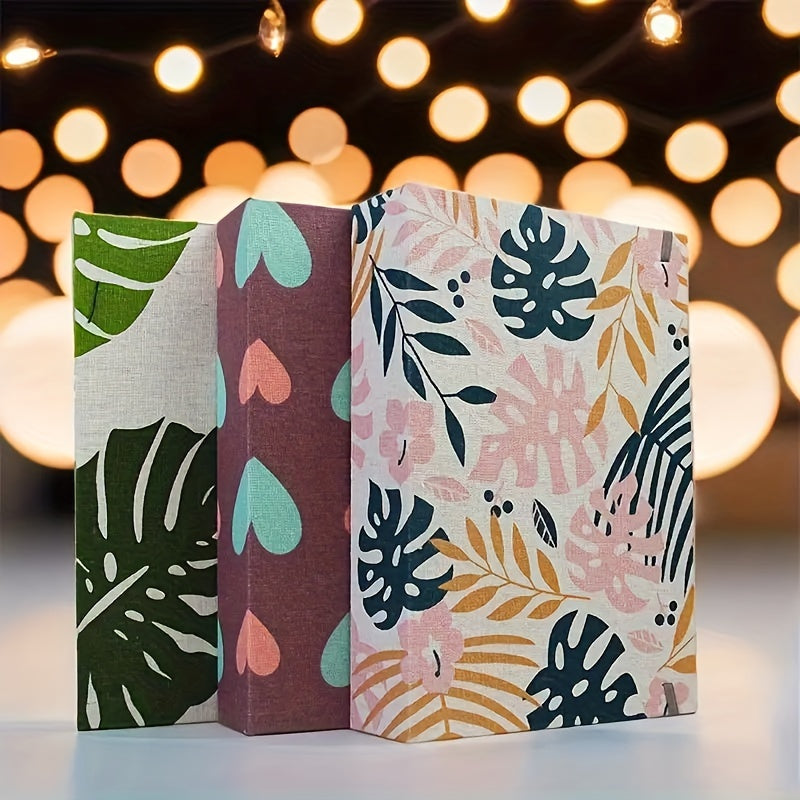 Fabric photo albums with tropical and heart designs, featuring 100 pockets for 6-inch photos. The linen cover and plastic sleeves make it a decorative memory book perfect for pictures, scrapbooking, and home decor.