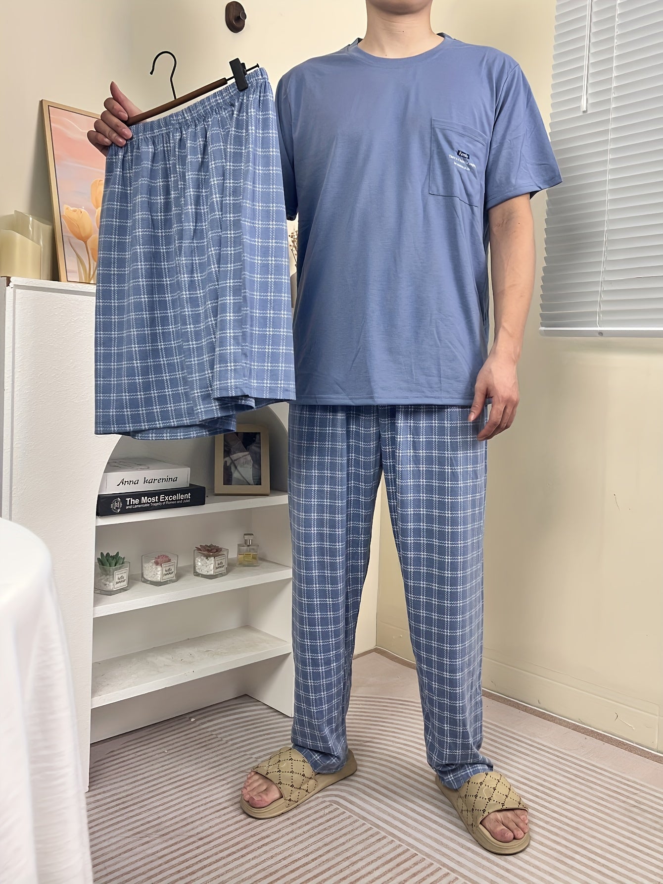 Men's 3-piece pajama set with short-sleeved crew neck top, front pocket, checkered shorts, and long pants for year-round home comfort.