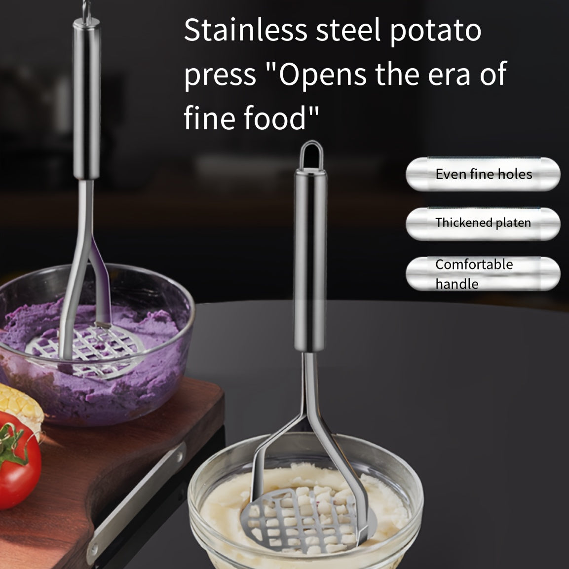 The Stainless Steel Potato Masher is a durable manual press that makes perfect mashed potatoes. This ideal kitchen gadget is great for youngsters' food and more, perfect for home use.