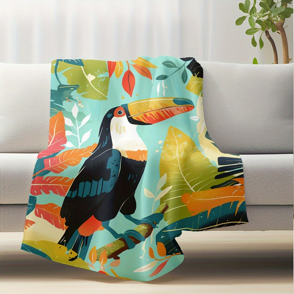 Flannel Lightweight Plush Comfort Blanket featuring Tropical Toucan Design - Perfect for Home and Travel! This cozy blanket is soft, warm, and versatile, making it ideal for relaxing on the sofa, napping at the office, or keeping warm while camping or in