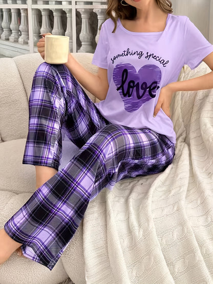 Casual Heart & Letter Print Pajama Set for Women, Short Sleeve Top & Plaid Pants, Relaxed Fit.