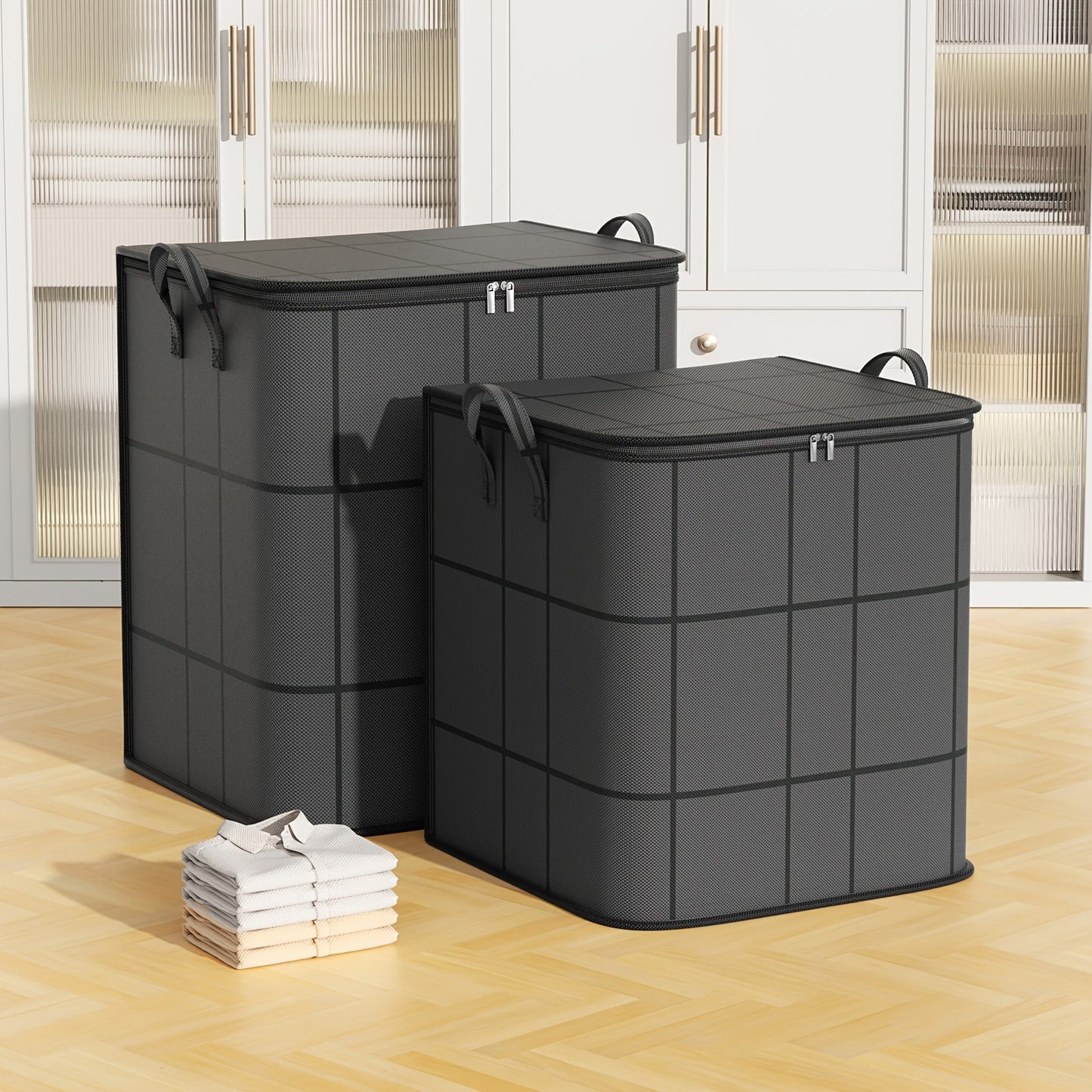 Large foldable storage bag made of durable non-woven fabric with handles, ideal for organizing clothes, blankets, toys, and travel items in black.