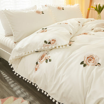 Set of 3 Fresh Duvet Covers (1 Duvet Cover + 2 Pillowcases, Core Not Included), Featuring a Pastoral Style Flower Print Bedding Set with Pompom Detail, Soft and Cozy for Bedroom or Guest Room Use