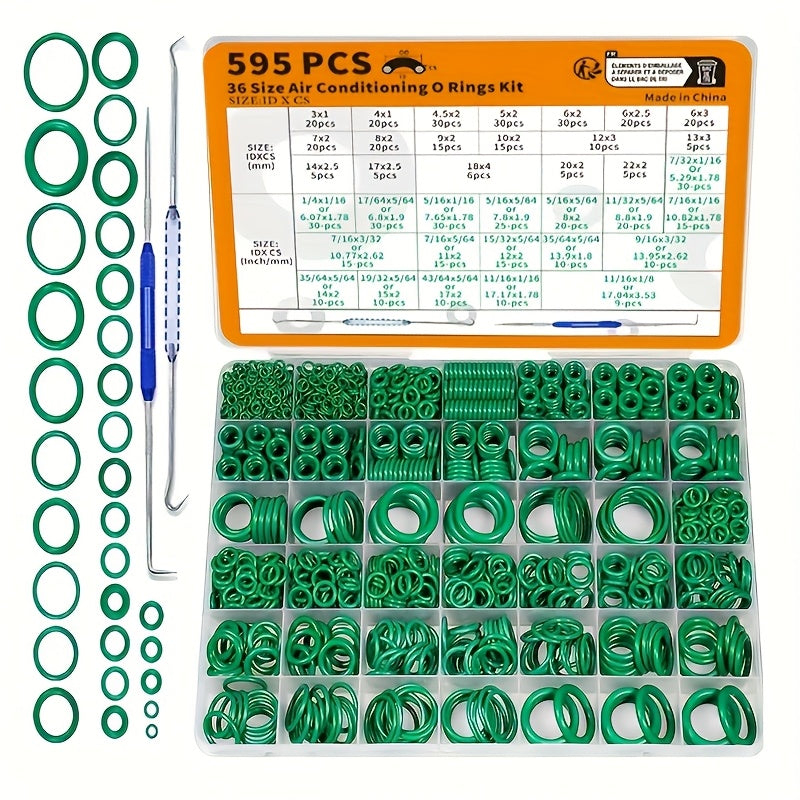 595-piece automotive AC O-Rings kit for car A/C compressor & plumbing faucet seal repair, with pick & hook tools.