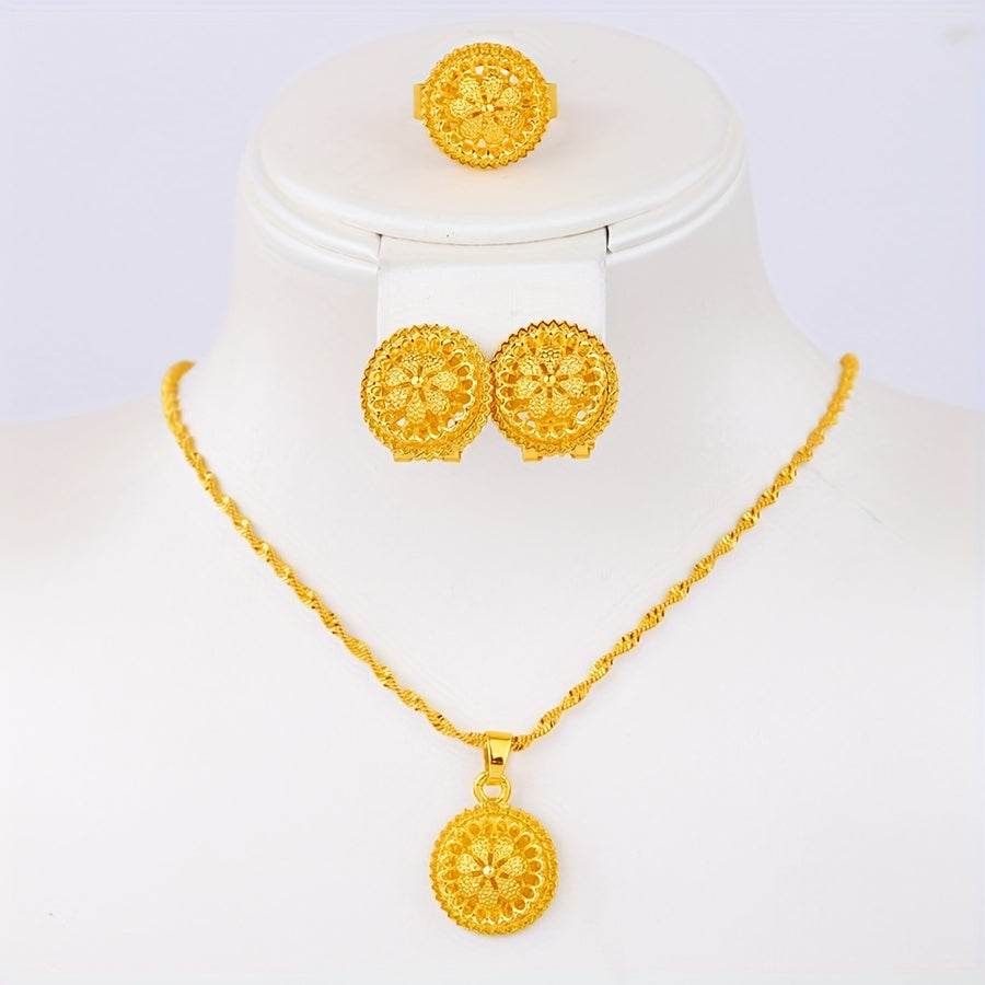 All Seasons 4-piece Classic Middle Eastern Style Jewelry Set in Gold-Tone Alloy, Including Fashion Earrings, Ring, Necklace, and Pendant. Perfect for Bridal Wedding Accessories, Daily Wear, and Gifting.