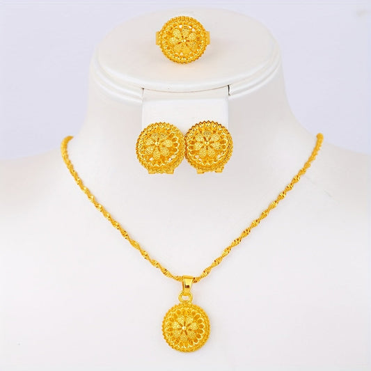 All Seasons 4-piece Classic Middle Eastern Style Jewelry Set in Gold-Tone Alloy, Including Fashion Earrings, Ring, Necklace, and Pendant. Perfect for Bridal Wedding Accessories, Daily Wear, and Gifting.