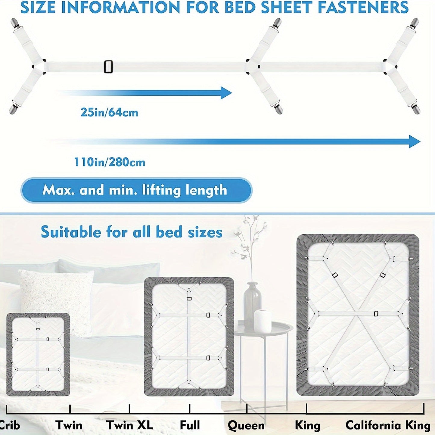 Keep your fitted bed sheets in place with these 3 set of adjustable crisscross bed sheet holder straps. The elastic bands suspenders are perfect for twin, queen, and king mattresses, ensuring your sheet stays secure. Say goodbye to loose sheets with