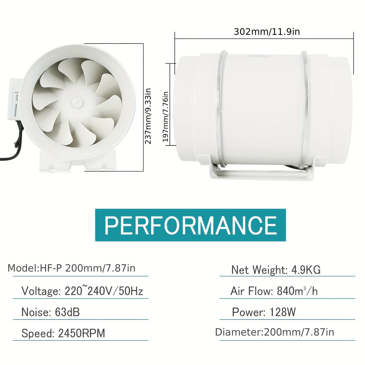 High-Speed 10.16cm Inline Duct Fan with Mixed Flow - Quiet, powerful ventilation for heating & cooling, perfect for grow tents & hydroponics, easy installation, 220V.