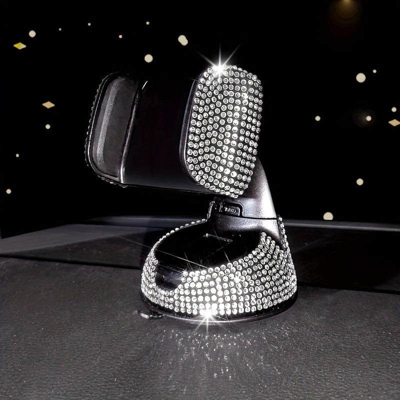 Luxury Rhinestone-Encrusted Car Phone Holder with Sparkling Crystals, Multi-Functional, Rotating Suction Cup Mount for Dashboard & Air Vent in Various Vehicles.