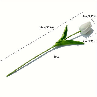 5 lifelike white tulip artificial flowers with real touch feel, perfect for spring decor, weddings, and home office centerpieces. No batteries needed.