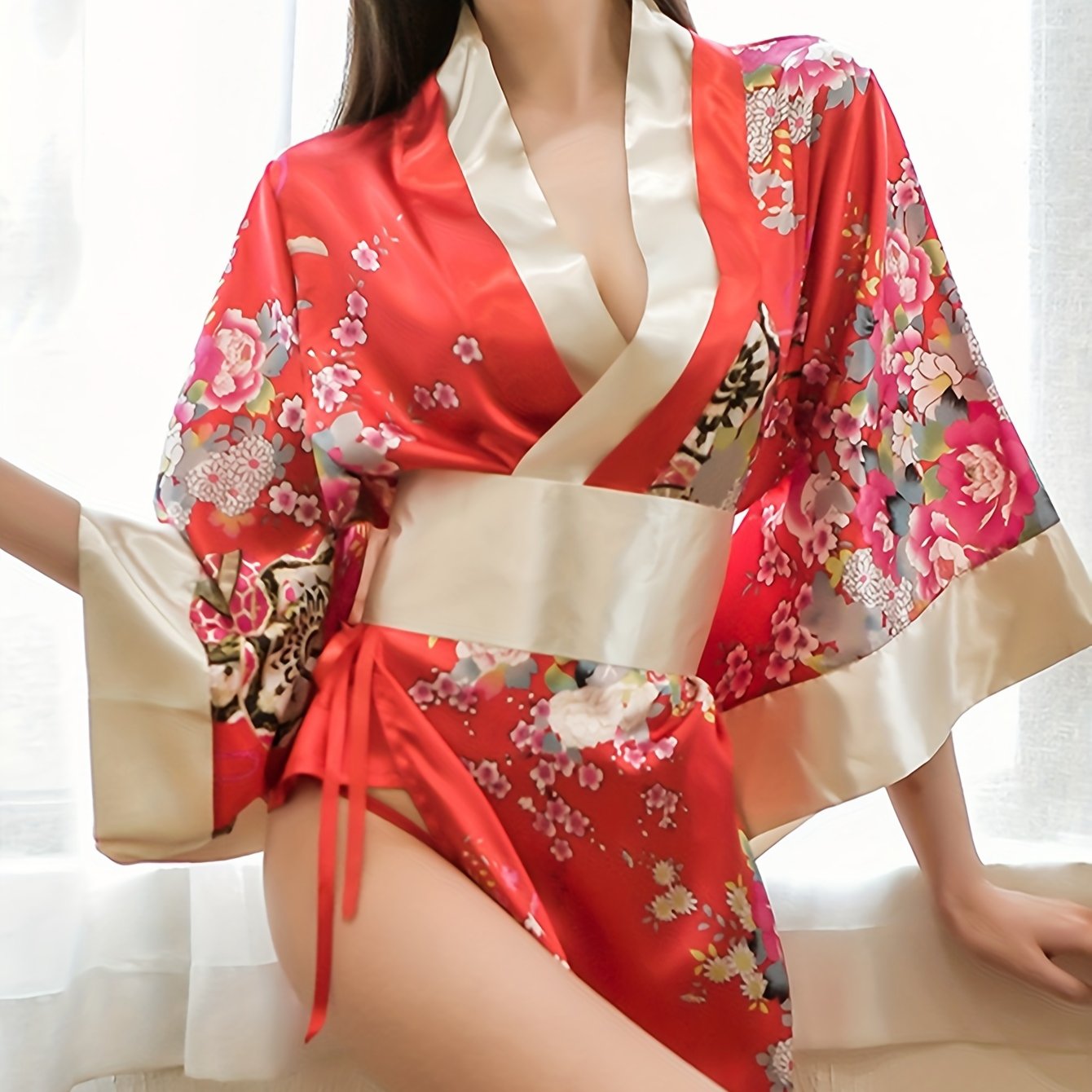 Floral satin kimono robe for women's role play and lingerie.