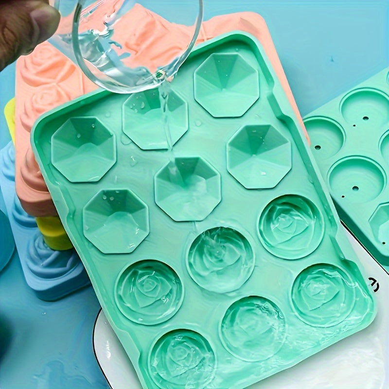 Ice Cube Mold Set - Includes 2 Silicone Trays with Rose and Diamond Shapes. Perfect for making ice cubes, chocolates, puddings, jellies, candies, and whiskey cubes. Great for freezer cocktails and a must-have for any kitchen or apartment. Essential for