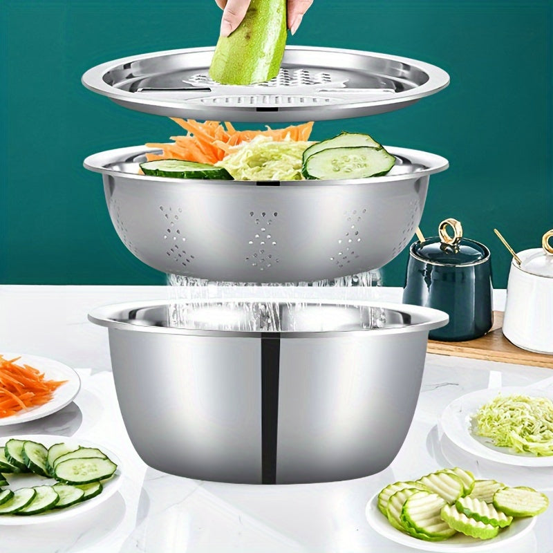 3-piece stainless steel kitchen set featuring an integrated grater, multifunctional strainer, and mixing bowl. Ideal for washing and slicing fruits, vegetables, and cheese. These food-safe prep bowls also come equipped with a drainage system for added