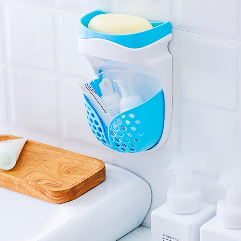 Wall-mounted soap dish with strong adhesive and double-layer design. No-drill drainage system for bathroom and kitchen storage. Features a creative suction cup and soap box.