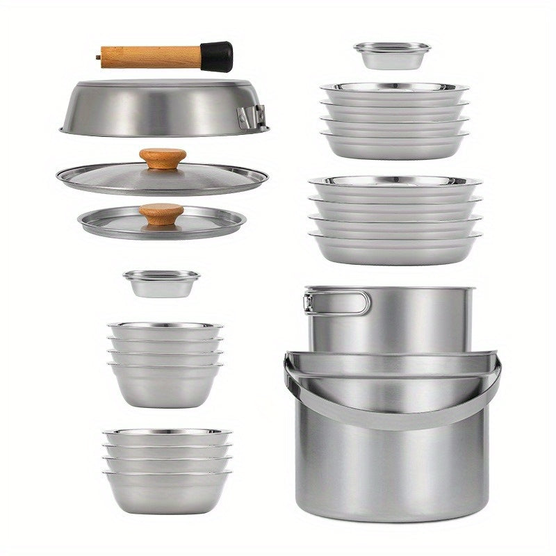 Stainless Steel Camping Cookware Set with 22 Pieces - High-Quality 304 Stainless Steel Outdoor Kitchen Utensils featuring Foldable Handles. Complete with Bowls, Plates, Skillet, Fry Pan and More. Ideal for Picnics, Road Trips, Camping and Home Use.