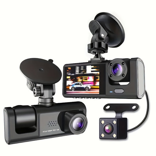 1 set of 3-channel front and rear car camera with 1080P resolution, IR night vision, cycle recording, 5.08 cm IPS screen, and wide-angle lenses for simultaneous recording of a black box.