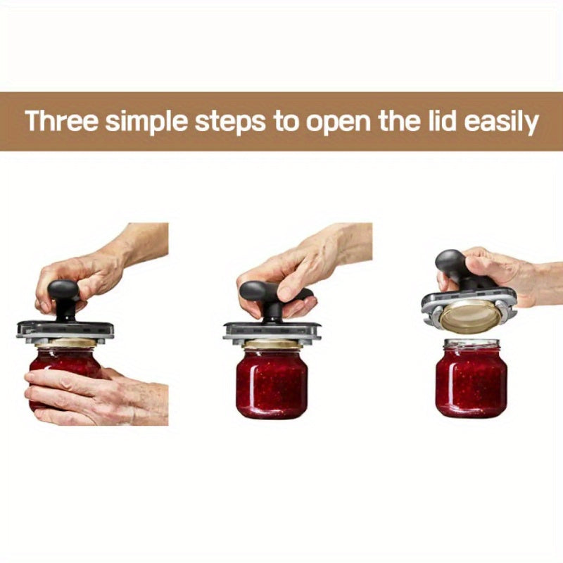 Adjustable manual jar opener for easy lid removal, suitable for various lid sizes. Effortless operation, no power needed. Perfect for home and parties.